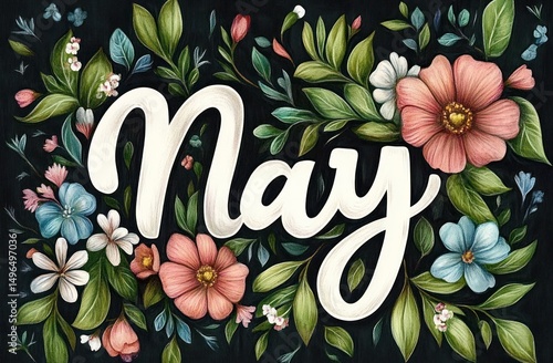 Hand-lettered word May surrounded by colorful flowers and lush green leaves on a dark background conveying a fresh and cheerful springtime mood