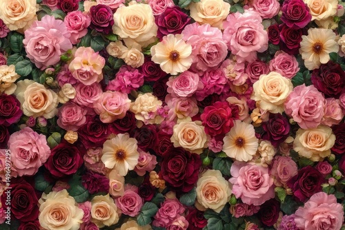 Dense arrangement of various roses and flowers in shades of pink, cream, peach, and deep red with green leaves creating a lush and vibrant floral background