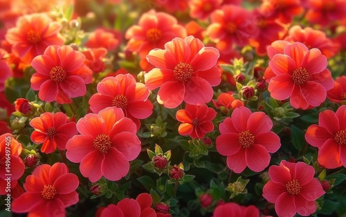 Close-up of vibrant orange-red flowers in full bloom with green foliage, softly lit by warm sunlight creating a cheerful and lively atmosphere