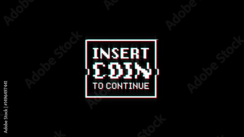 insert coin to continue 8-bit pixel text animation with dynamic glitch distortion effect. dynamic motion video game black green screen.