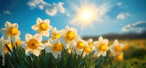 Bright yellow and white daffodil flowers blooming under a sunny blue sky with soft clouds in a peaceful garden setting