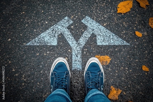 Person standing on asphalt road at a fork with blue arrows pointing left and right surrounded by autumn leaves suggesting decision-making