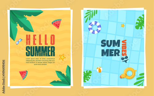 Bright summer illustrations with beach and pool elements including watermelon, lifebuoy, sunglasses, inflatable duck, and tropical leaves
