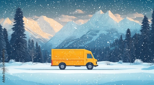 Yellow delivery truck driving through a snowy mountain landscape with pine trees and falling snowflakes under a cloudy sky