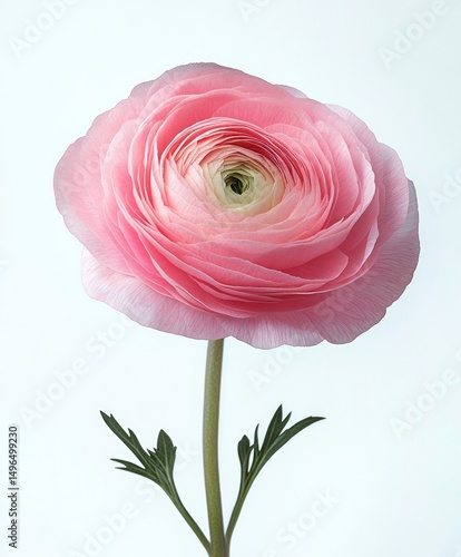 Close-up of a delicate pink ranunculus flower with layered petals and green leaves against a white background