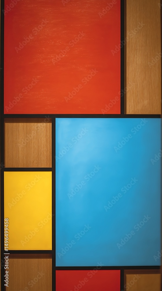 Fototapeta premium Abstract Geometric Wall Panel Design with Wood and Bright Colors.