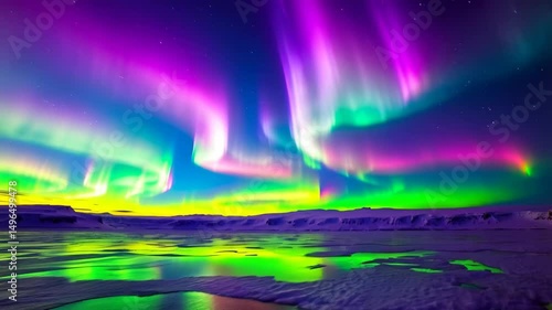 Wallpaper Mural Brilliant aurora borealis illuminates the night sky reflected on icy surface, showcasing vibrant green, purple, and yellow colors above cold landscape. Torontodigital.ca