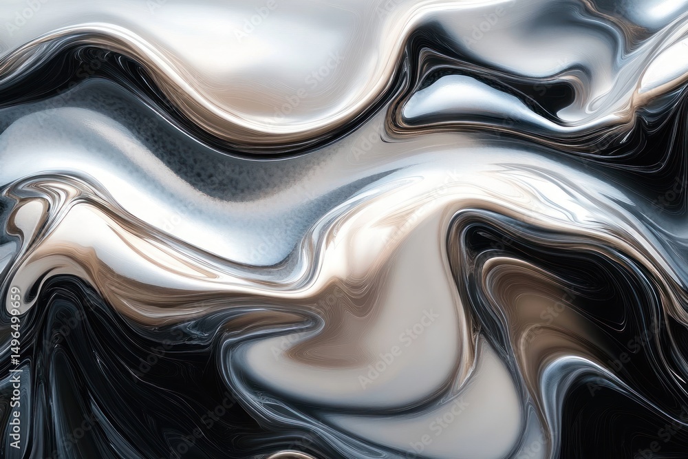 Naklejka premium Abstract wavy liquid metal texture with smooth reflective silver, black, and beige colors creating a fluid and glossy surface