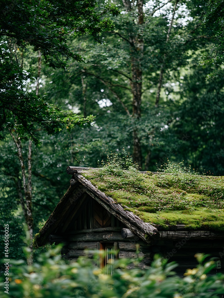 Mossy Roof Cabin in Lush Green Forest. A picturesque image of a rustic log cabin with a vibrant green moss covered roof nestled amongst tall trees. Mossy Roof Cabin in Lush Green Forest. A picturesque image of a rustic log cabin with a vibrant green moss covered roof nestled amongst tall trees.