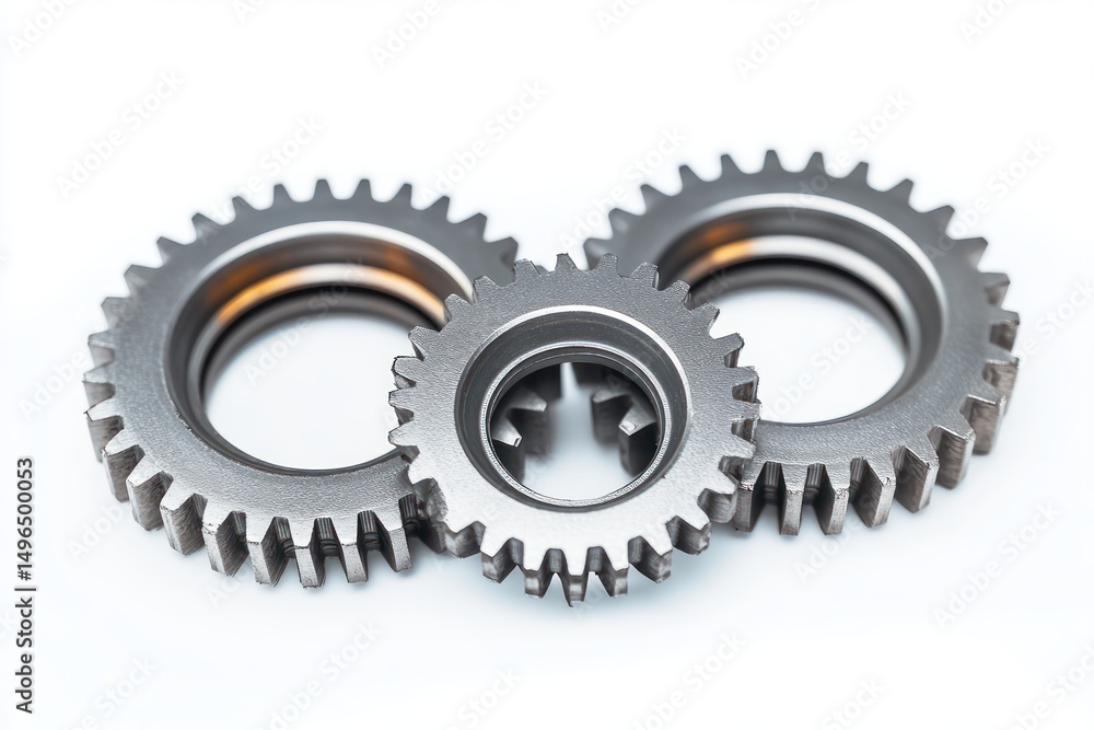 three metallic interlocking gears with sharp teeth placed on a white background symbolizing mechanical precision and engineering three metallic interlocking gears with sharp teeth placed on a white background symbolizing mechanical precision and engineering