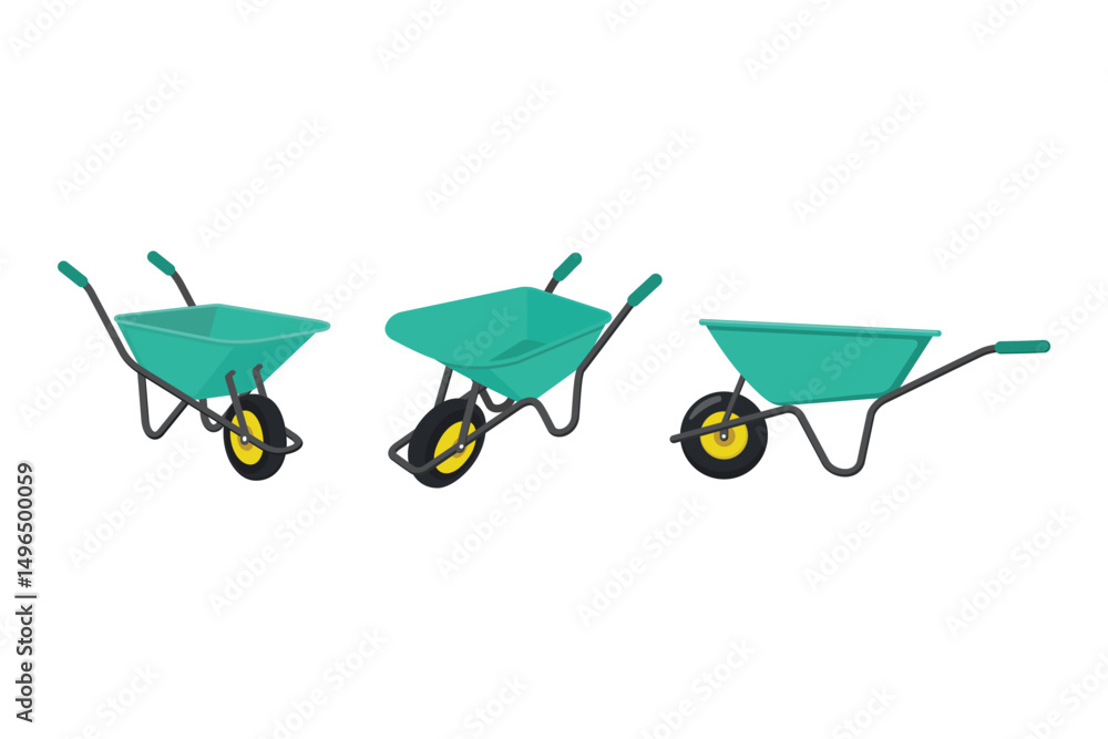 Three Cartoon Styled Green Wheelbarrows Are Isolated Against A Plain White Background In A Row Three Cartoon Styled Green Wheelbarrows Are Isolated Against A Plain White Background In A Row
