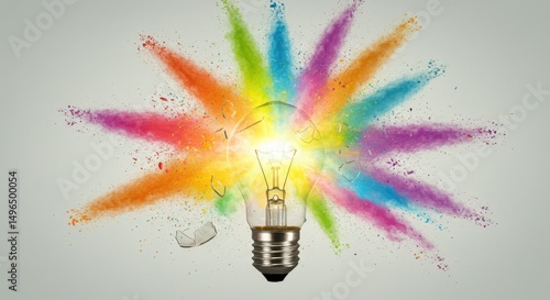Colorful Explosion of Powder from Light Bulb on Gray Background