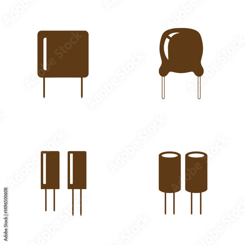 Vector illustration of brown colored electronic component silhouettes featuring different capacitor types on a white background