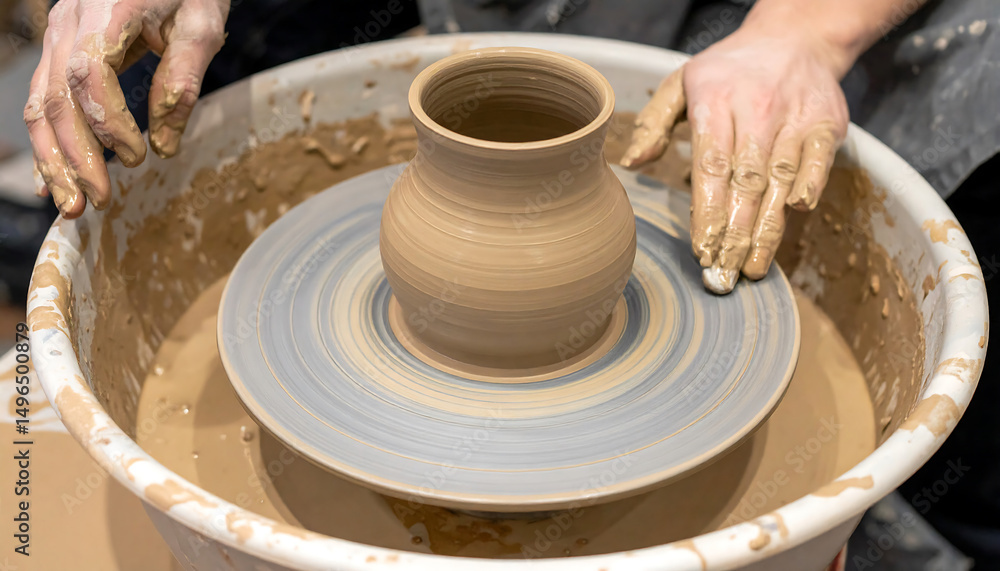 Potter's hands shaping clay on a spinning wheel, creating a vase. Craftsmanship and traditional art. Potter's hands shaping clay on a spinning wheel, creating a vase. Craftsmanship and traditional art.