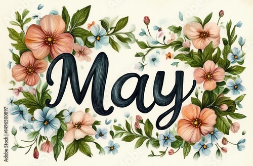 Elegant hand-lettered word 'May' surrounded by delicate illustrations of pink and blue flowers with green leaves, evoking a fresh and cheerful spring atmosphere