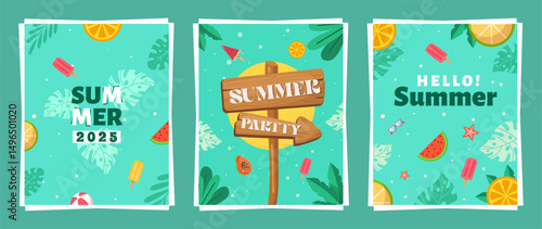 Playful summer 2025 illustrations with tropical leaves, ice pops, citrus slices, wooden sign, watermelon, and beach elements in flat cartoon style
