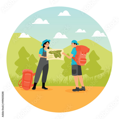 A Young Couple Looks at a Map and Plans to Explore a Forest Trail.