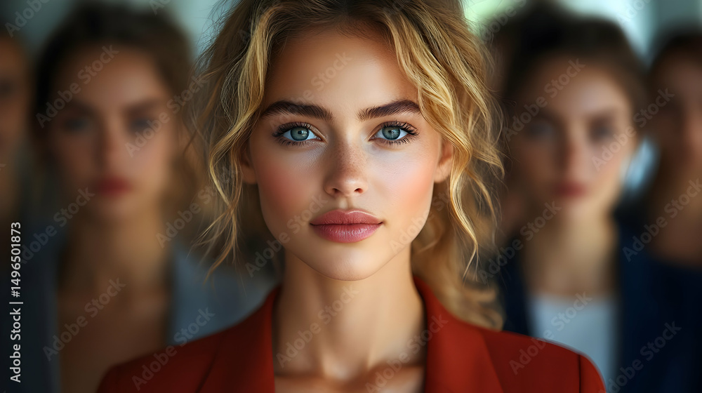 Portrait of a Woman with Blue Eyes and Wavy Blonde Hair in a Red Jacket Portrait of a Woman with Blue Eyes and Wavy Blonde Hair in a Red Jacket