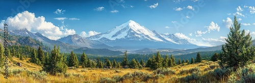 Panoramic view of snow-capped mountain under blue sky with scattered clouds overlooking a forested valley and golden grassy meadow