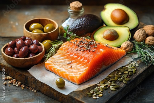 Fresh raw salmon fillet topped with seeds on paper surrounded by avocado halves, olives in bowls, walnuts, seeds, herbs, and a bottle on rustic wooden surface