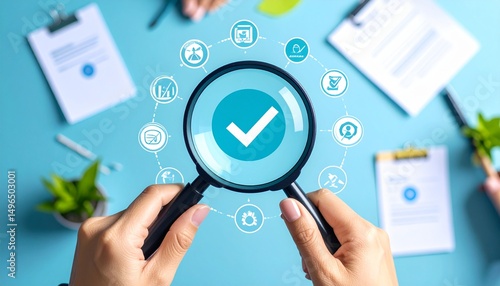 Quality control and assurance concept shown with magnifying glass and checkmark