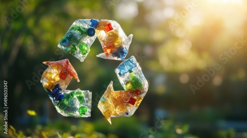 A creative recycling symbol formed entirely from crushed plastic bottles, bottle caps, and plastic bags, symbolizing 