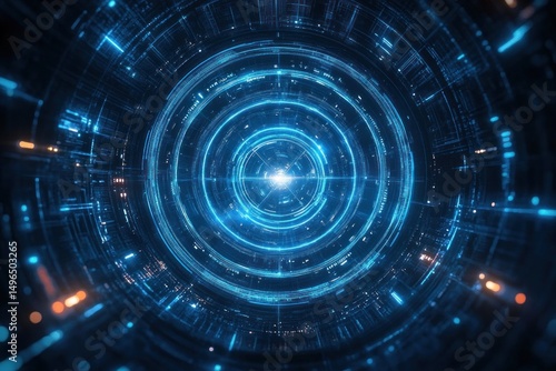Futuristic blue glowing circular digital interface with concentric rings and intricate light patterns emitting a radiant center light