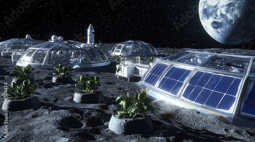 Lunar habitats with sustainable farming structures.