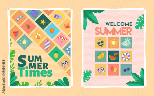 Colorful summer illustrations with grid-style layouts featuring beach accessories, tropical fruits, swimwear, lifebuoys, and decorative icons

