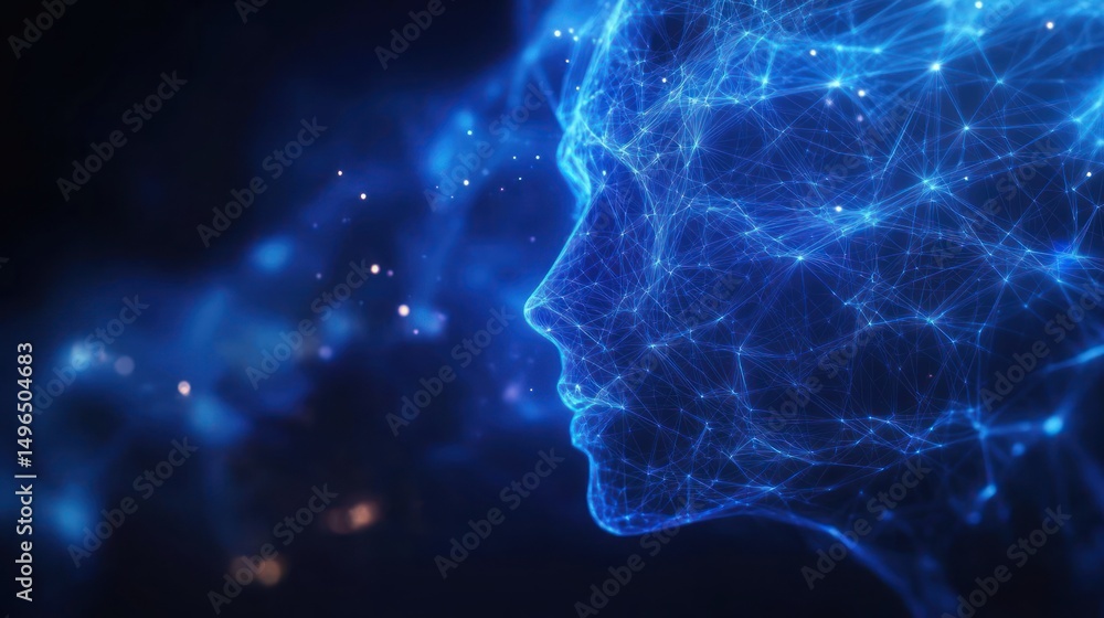 abstract digital blue neural network forming human face profile glowing on dark background with light connections abstract digital blue neural network forming human face profile glowing on dark background with light connections