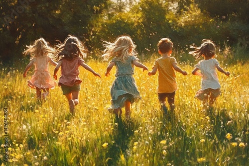 Five children running joyfully through a sunlit grassy field filled with wildflowers surrounded by trees on a bright day