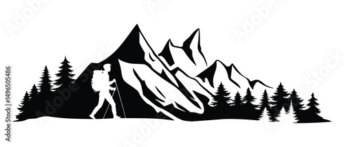 A hiker with a backpack against the background of the mountains, silhouette mountain range and forest isolated on white background, vector design