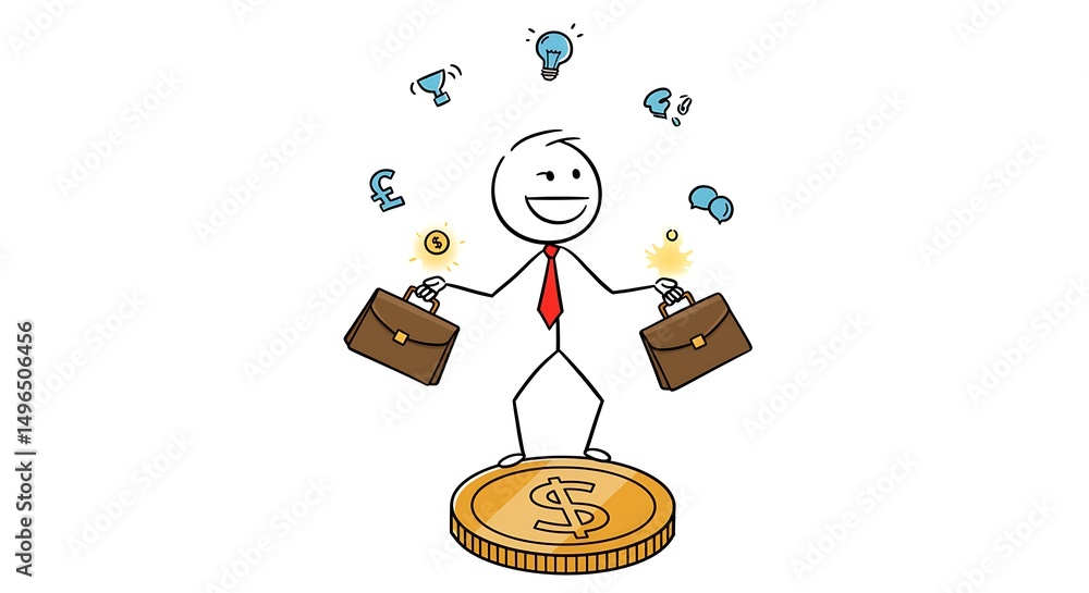Joyful Stick Figure Juggling Briefcases and Ideas atop a Dollar Joyful Stick Figure Juggling Briefcases and Ideas atop a Dollar