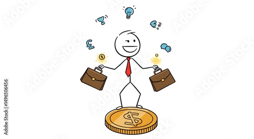 Joyful Stick Figure Juggling Briefcases and Ideas atop a Dollar
