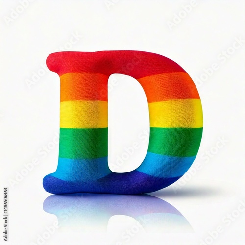 A letter D inflated, puffy shape made of rainbow soft cotton, folds and wrinkles on material.