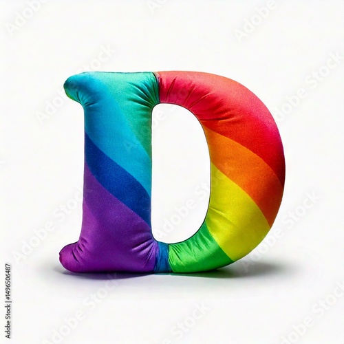 A letter D inflated, puffy shape made of rainbow soft cotton, folds and wrinkles on material.