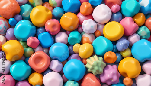 Overflowing pile of colorful candy drops evokes childhood joy and sweet memories in pastel hues with smooth glossy