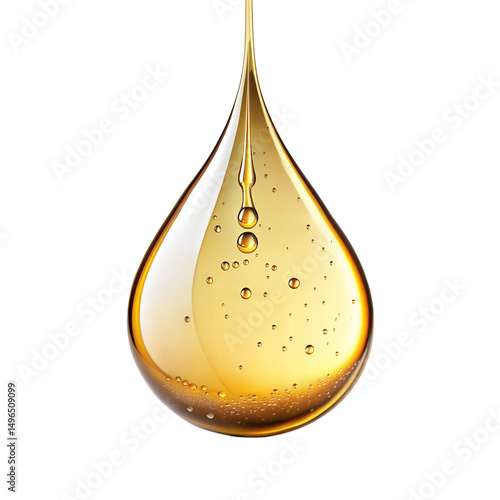 Golden fluid droplet suspended with smaller bubbles is isolated on transparent background