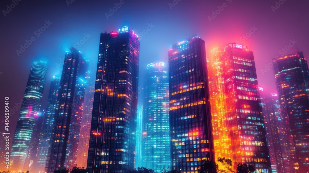 Obraz premium Vibrant illuminated cityscape at night featuring towering skyscrapers and colorful lights