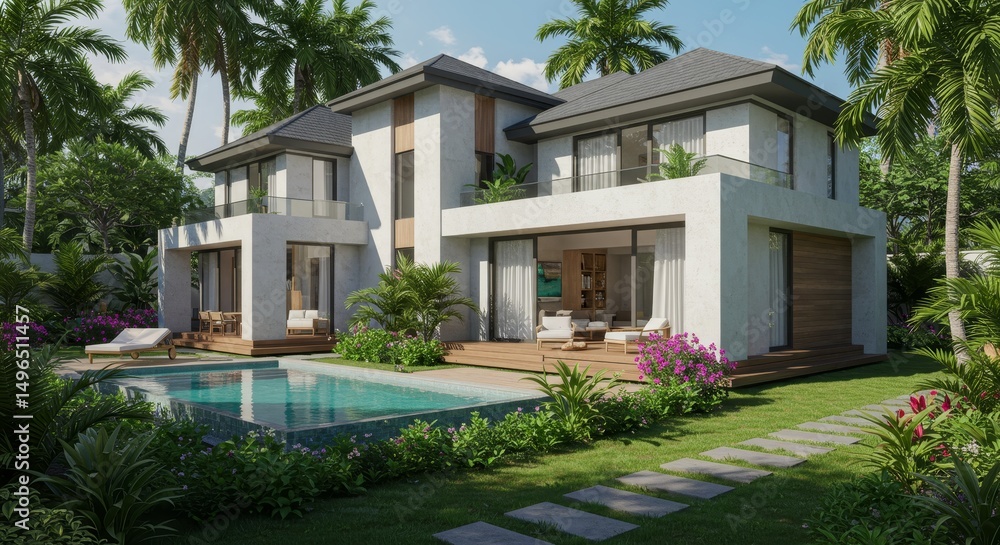 Fototapeta premium Tropical Modern Villa with Pool - Luxurious modern villa nestled amongst lush tropical landscaping, featuring a private pool and expansive outdoor living spaces