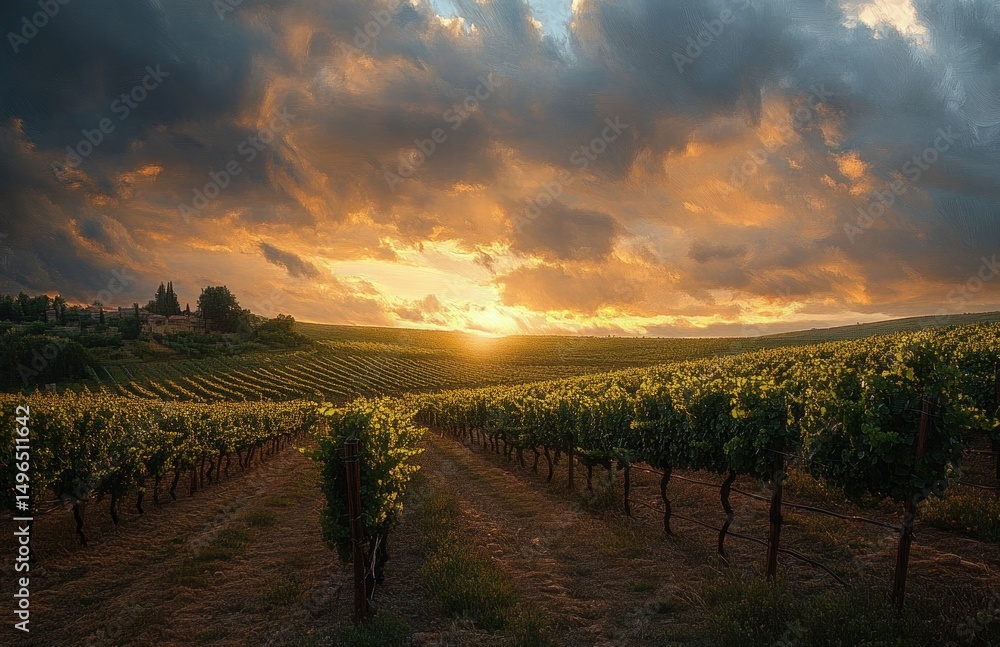 Fototapeta premium sunset over a vineyard with rows of grapevines under a dramatic cloudy sky near rural buildings