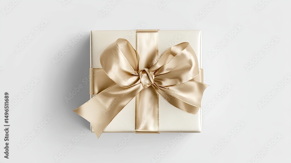 A square gift box, elegantly wrapped in a light beige satin ribbon. A perfect knot A square gift box, elegantly wrapped in a light beige satin ribbon. A perfect knot