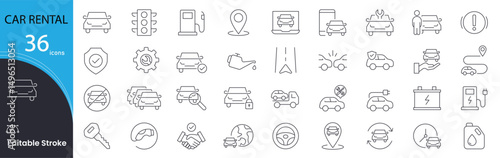 Car rental related icons set. Including vehicles, keys, booking, service, travel, transportation, insurance, and customer. Editable stroke. outline icons.