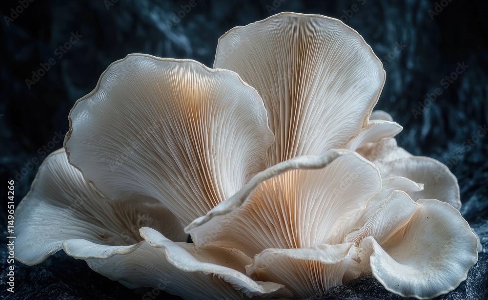 Close-up of delicate pale oyster mushrooms with intricate gills texture against a dark background evoking calm and natural beauty Close-up of delicate pale oyster mushrooms with intricate gills texture against a dark background evoking calm and natural beauty