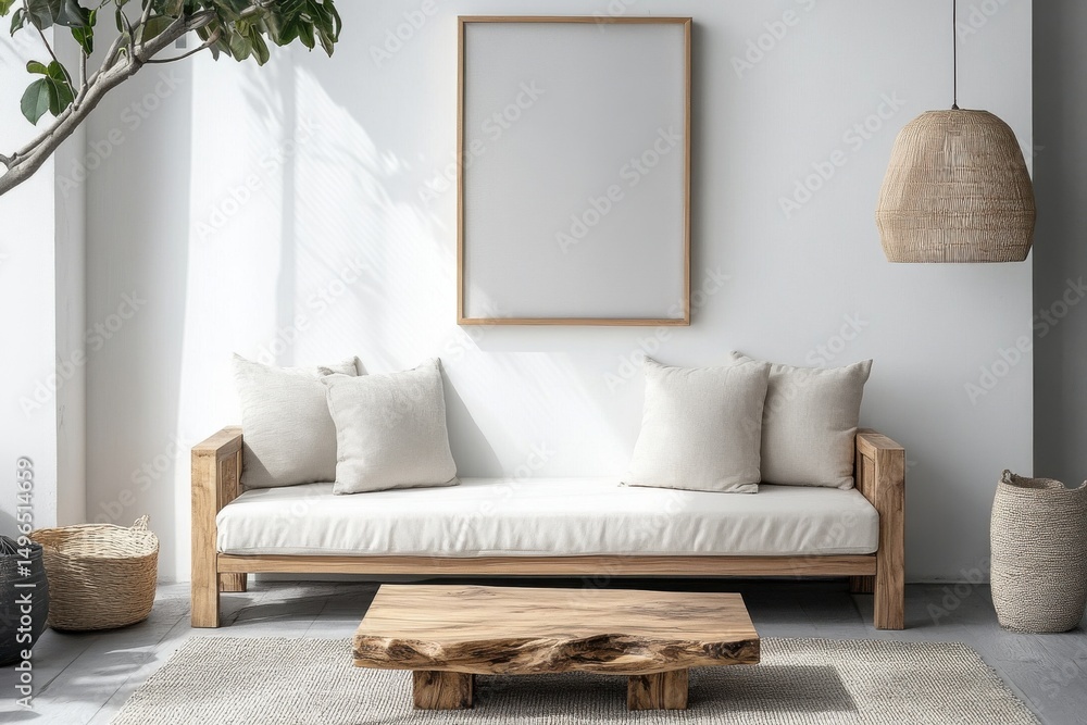 Obraz premium Minimalist wooden frame with natural finish and smooth edges on white background for elegant display