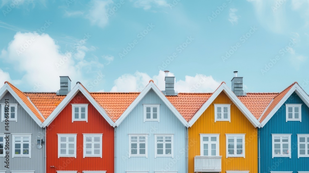 A brightly colored house in a row of neutral-toned houses A brightly colored house in a row of neutral-toned houses