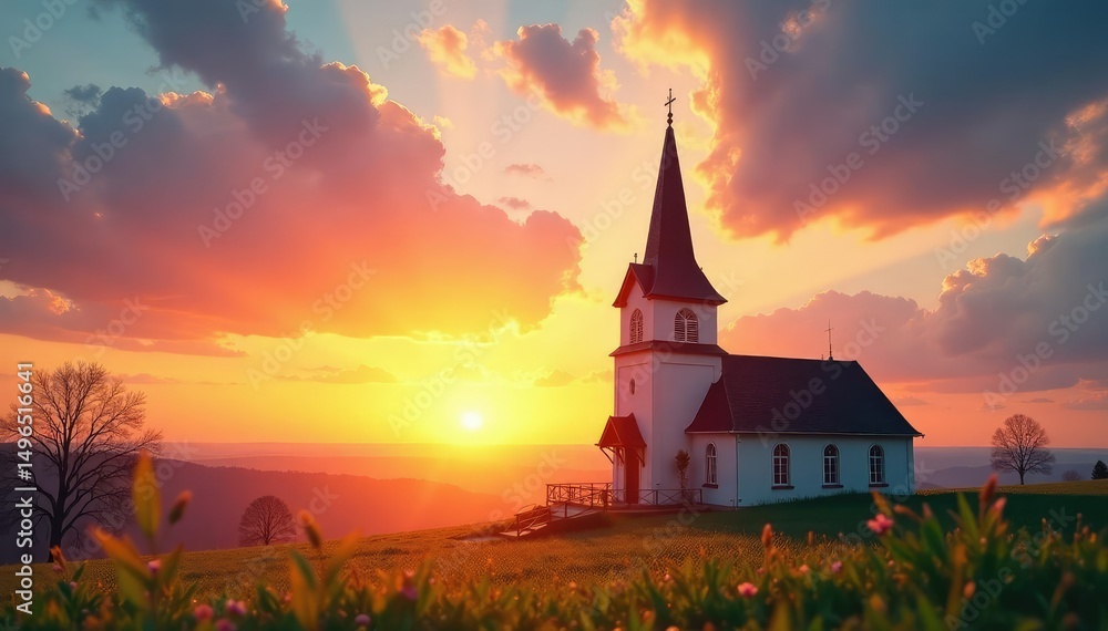 Fototapeta premium Joyful Easter sunrise over a traditional church steeple , vibrant, church, divine