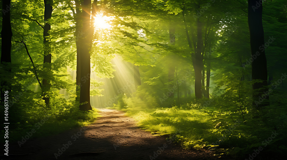 Obraz premium Sunbeams in Lush Green Forest