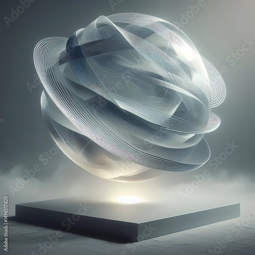 Abstract sci-fi Translucent Ribbon Sculpture Passing Through Floating Glass Sphere
