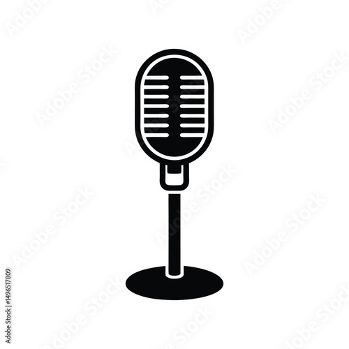 Black silhouette illustration of a vintage microphone on a stand isolated on white